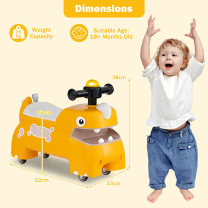 Dimensions diagram showing the yellow ride on toy with a child