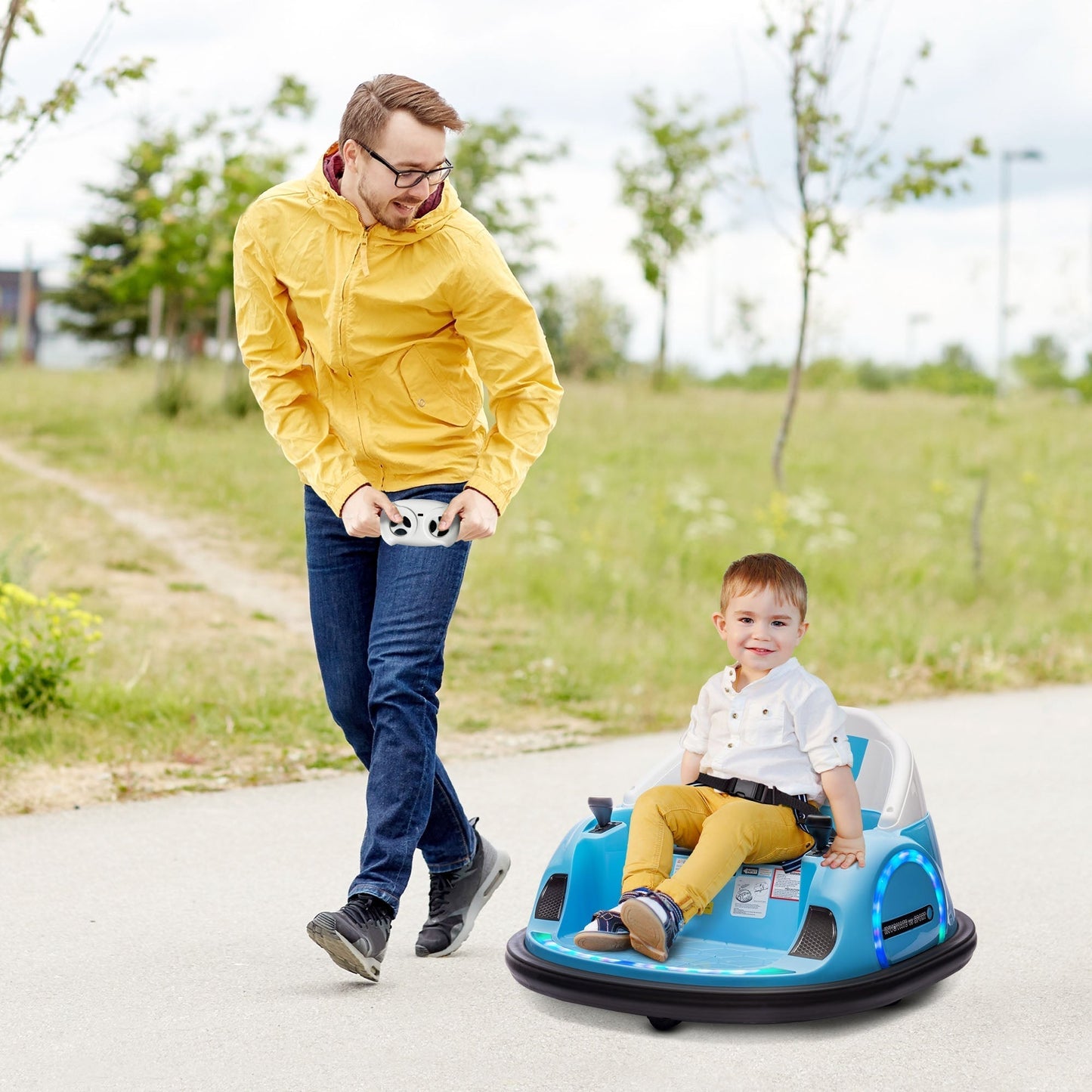AIYAPLAY 360 degrees Rotation Kids Bumper Car, 12V Waltz Car with Remote Control, Dual Joystick, Music, Lights, Light Blue