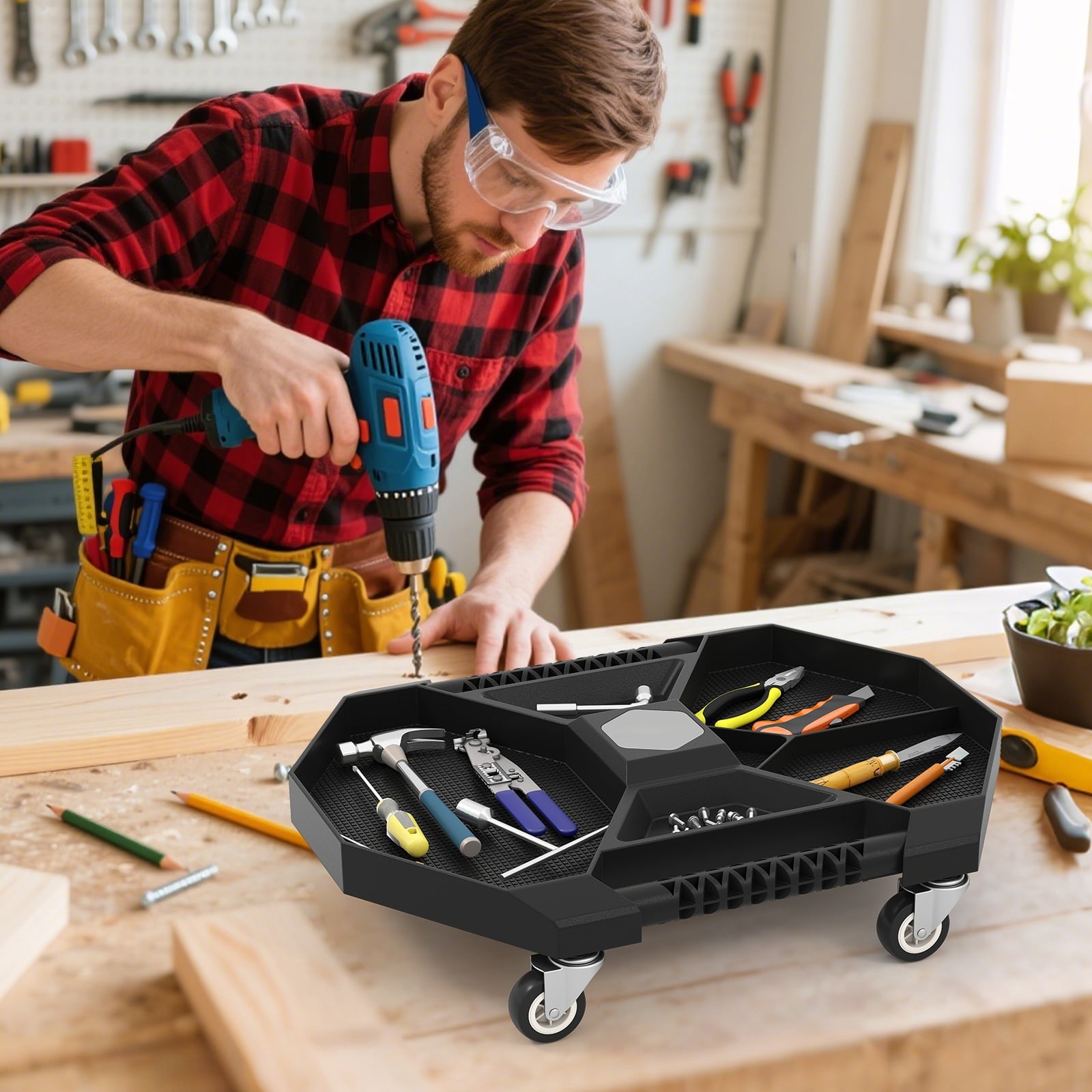 Tool Creeper Rolling Tool Tray with 4 Swivel Casters and 6 Compartments-Black