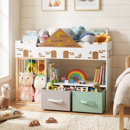 Kids storage unit with stuffed animals and books on shelves