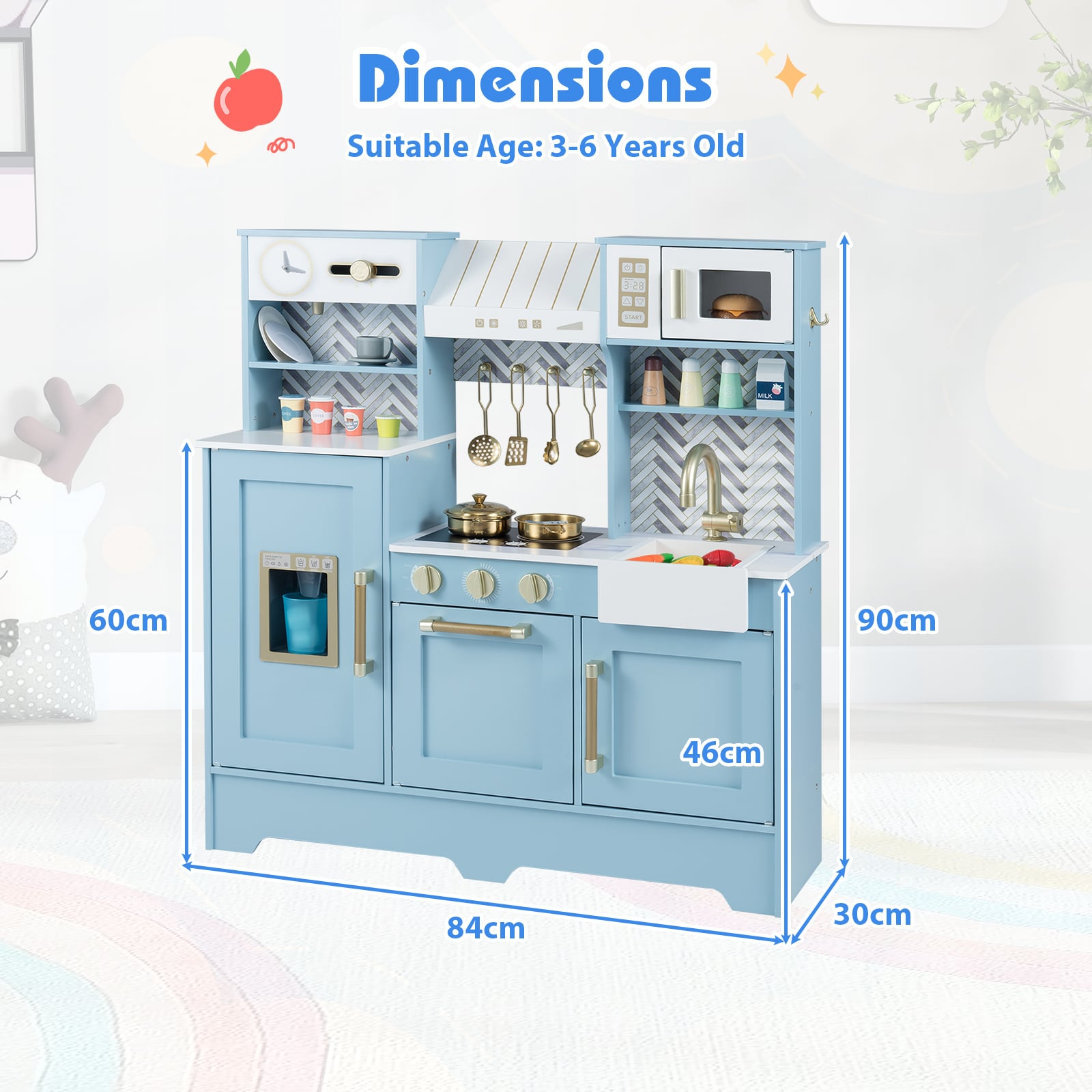 Toy Kitchen Playset with Coffee Station and Range Hood for Kids-Blue