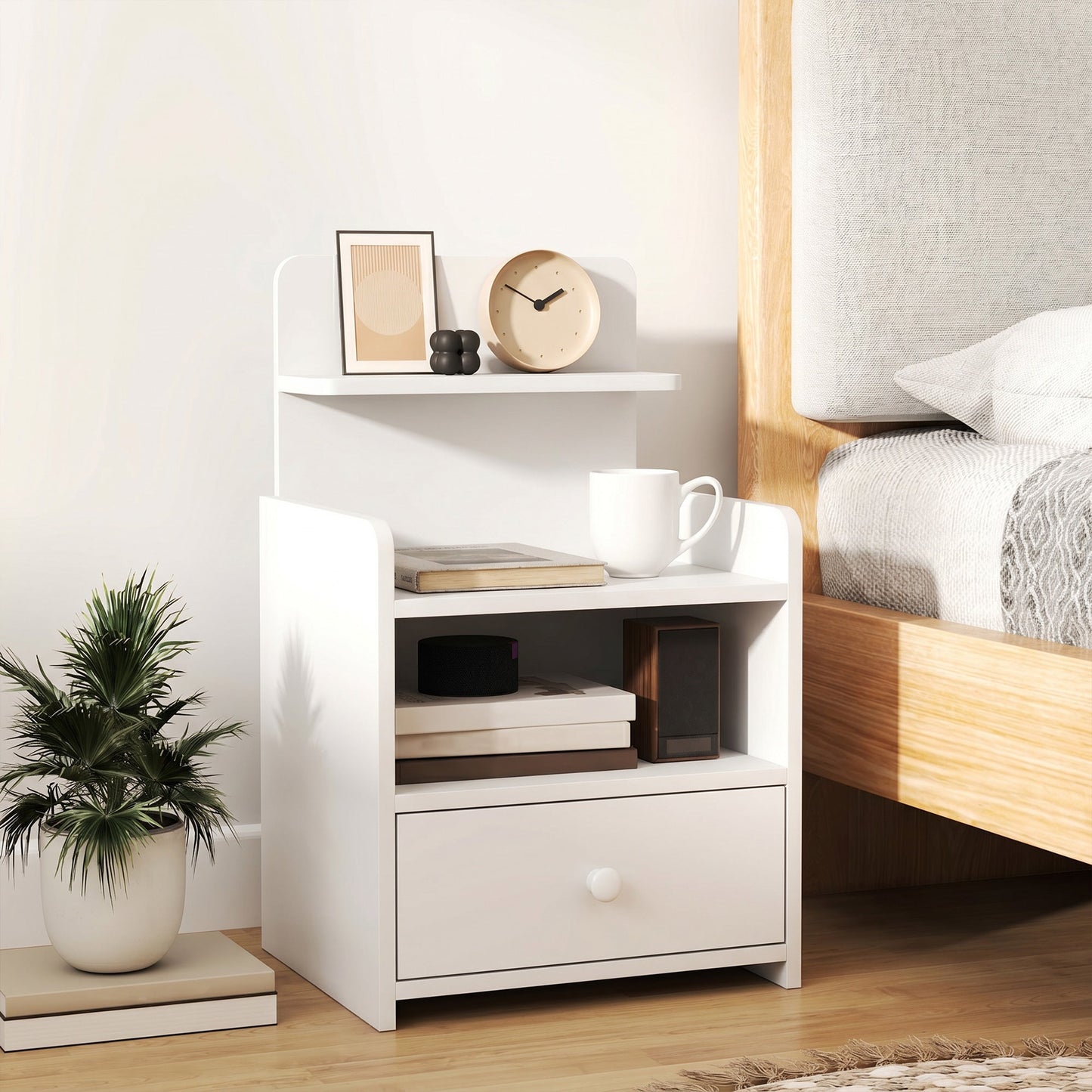 HOMCOM Bedside Cabinet, Bedside Table with Drawer and Shelf for Living Room, White