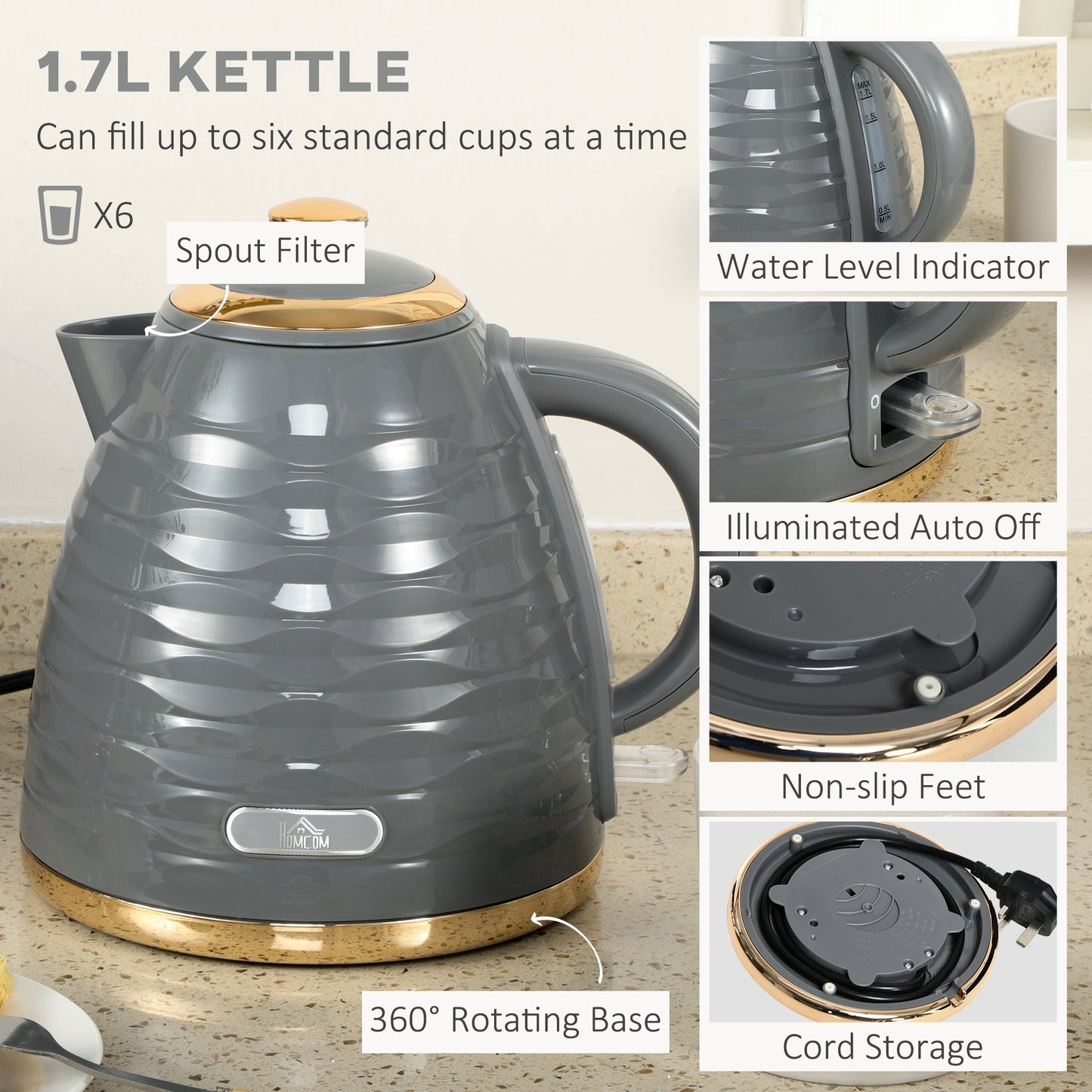 HOMCOM Kettle and Toaster Sets, 3000W 1.7L Rapid Boil Kettle & 4 Slice Toaster with 7 Browning Controls, Defrost, Reheat and Crumb Tray, UK Otter thermostat, Grey