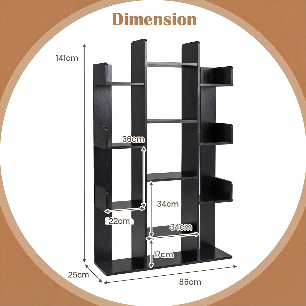 Tree Bookshelf Corner Books Storage Organizer with 13 Open Shelves-Black