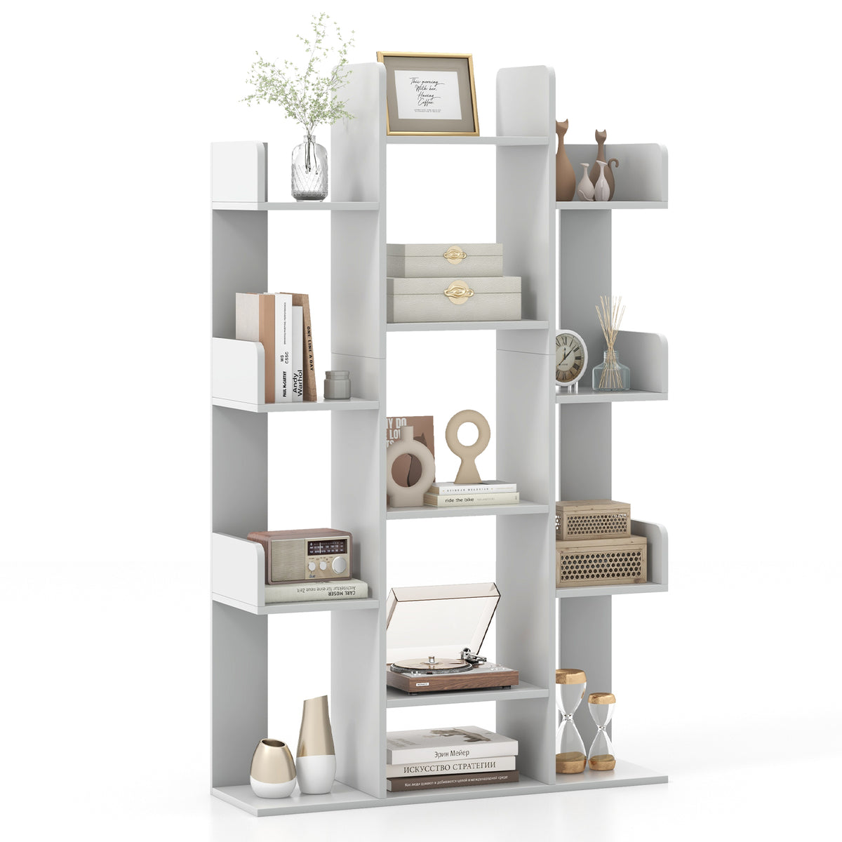 Tree Bookshelf Corner Books Storage Organizer with 13 Open Shelves-Grey