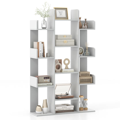 Tree Bookshelf Corner Books Storage Organizer with 13 Open Shelves-Grey