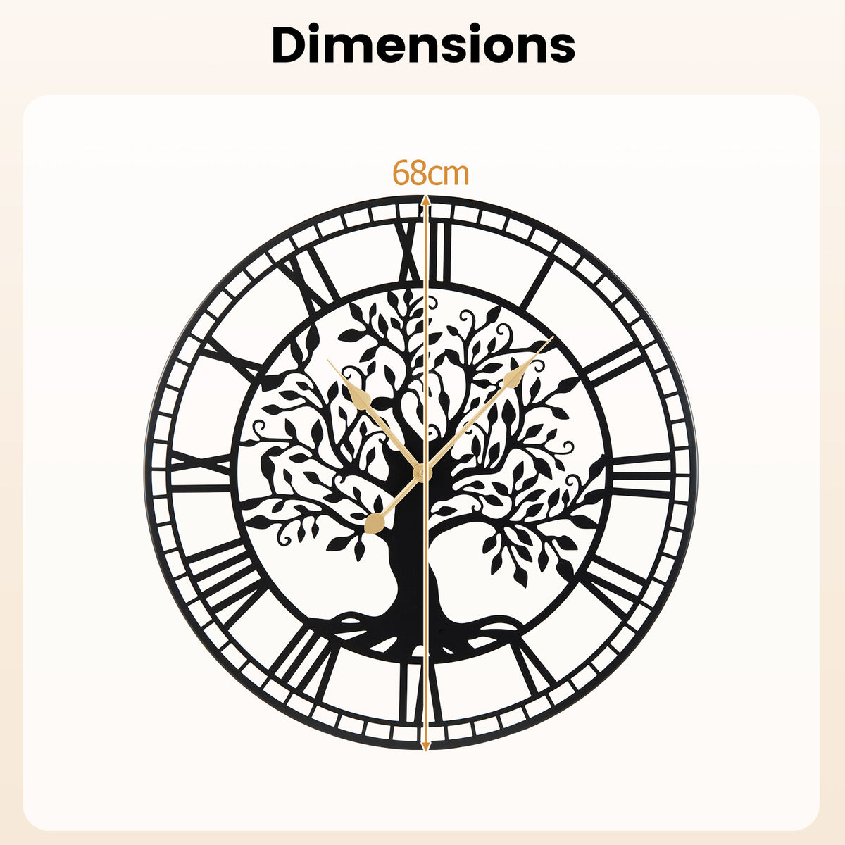 Tree of Life Non-Ticking Metal Wall Clock for Living Room Bedroom Kitchen-Black