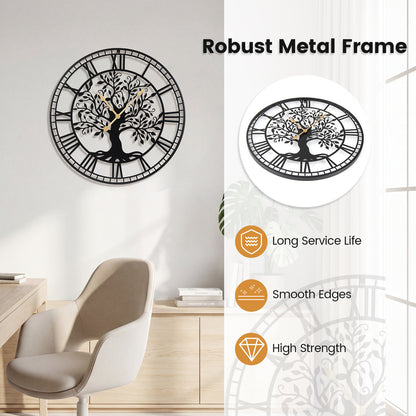 Tree of Life Non-Ticking Metal Wall Clock for Living Room Bedroom Kitchen-Black