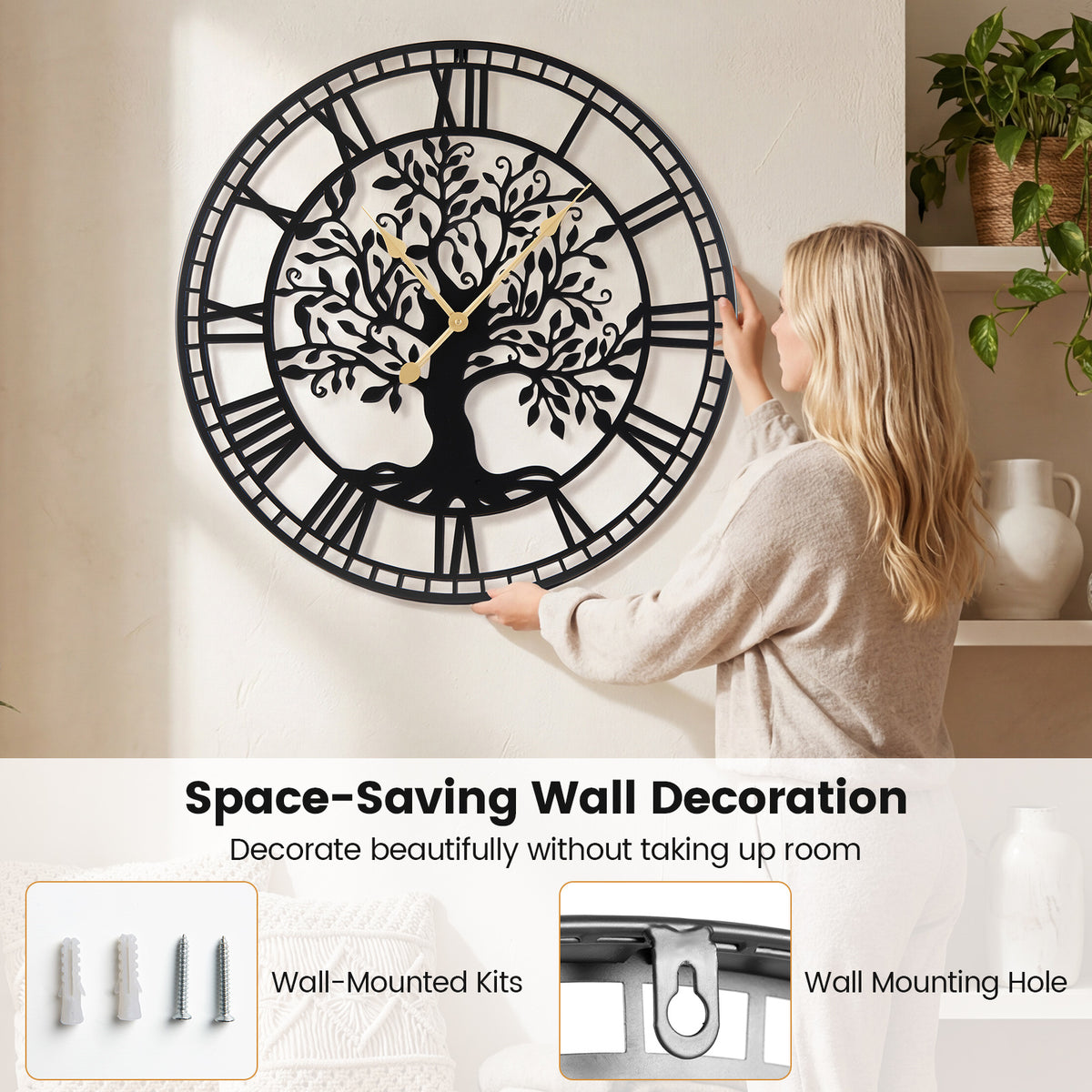 Tree of Life Non-Ticking Metal Wall Clock for Living Room Bedroom Kitchen-Black