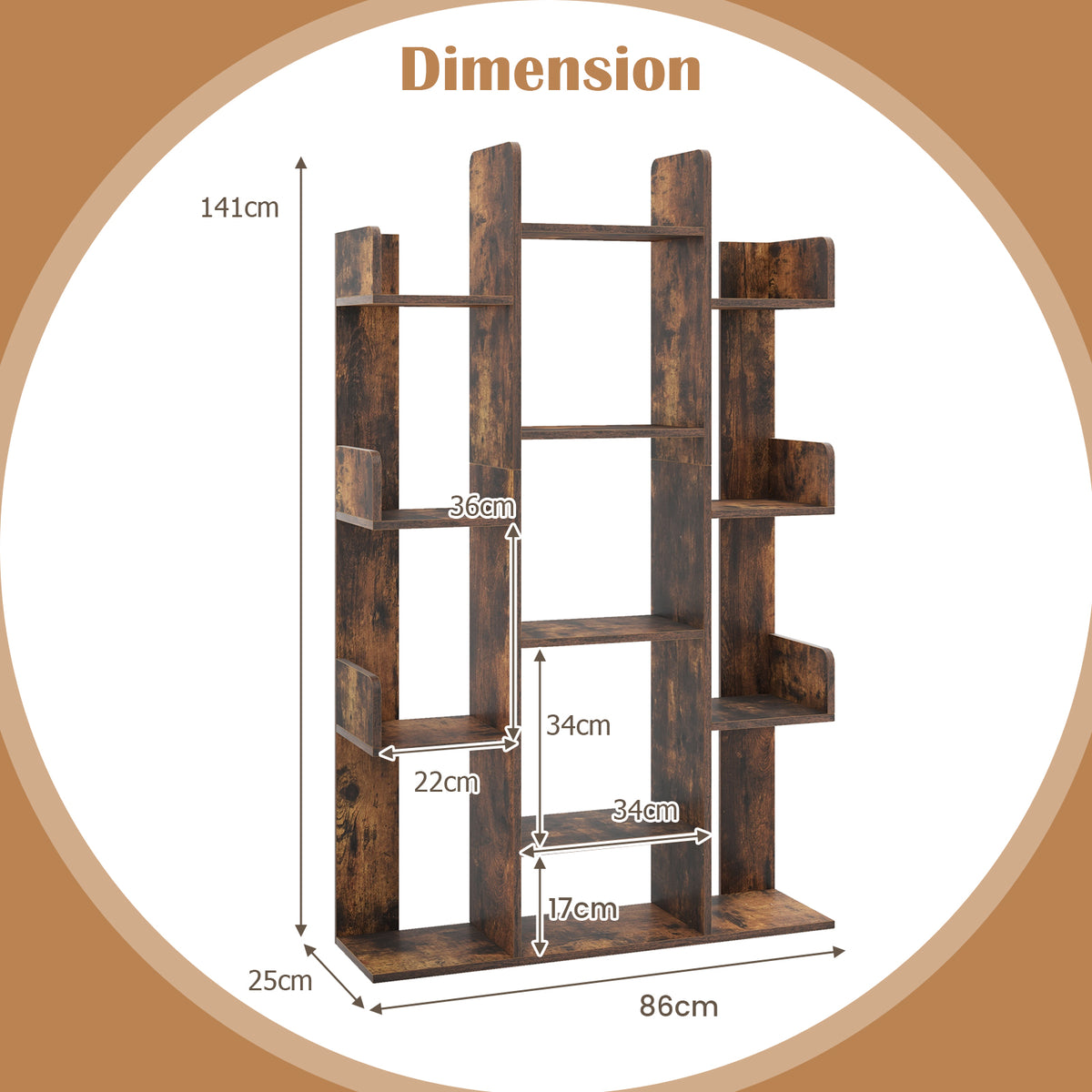 Tree Bookshelf Corner Books Storage Organizer with 13 Open Shelves-Rustic Brown