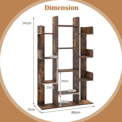 Tree Bookshelf Corner Books Storage Organizer with 13 Open Shelves-Rustic Brown