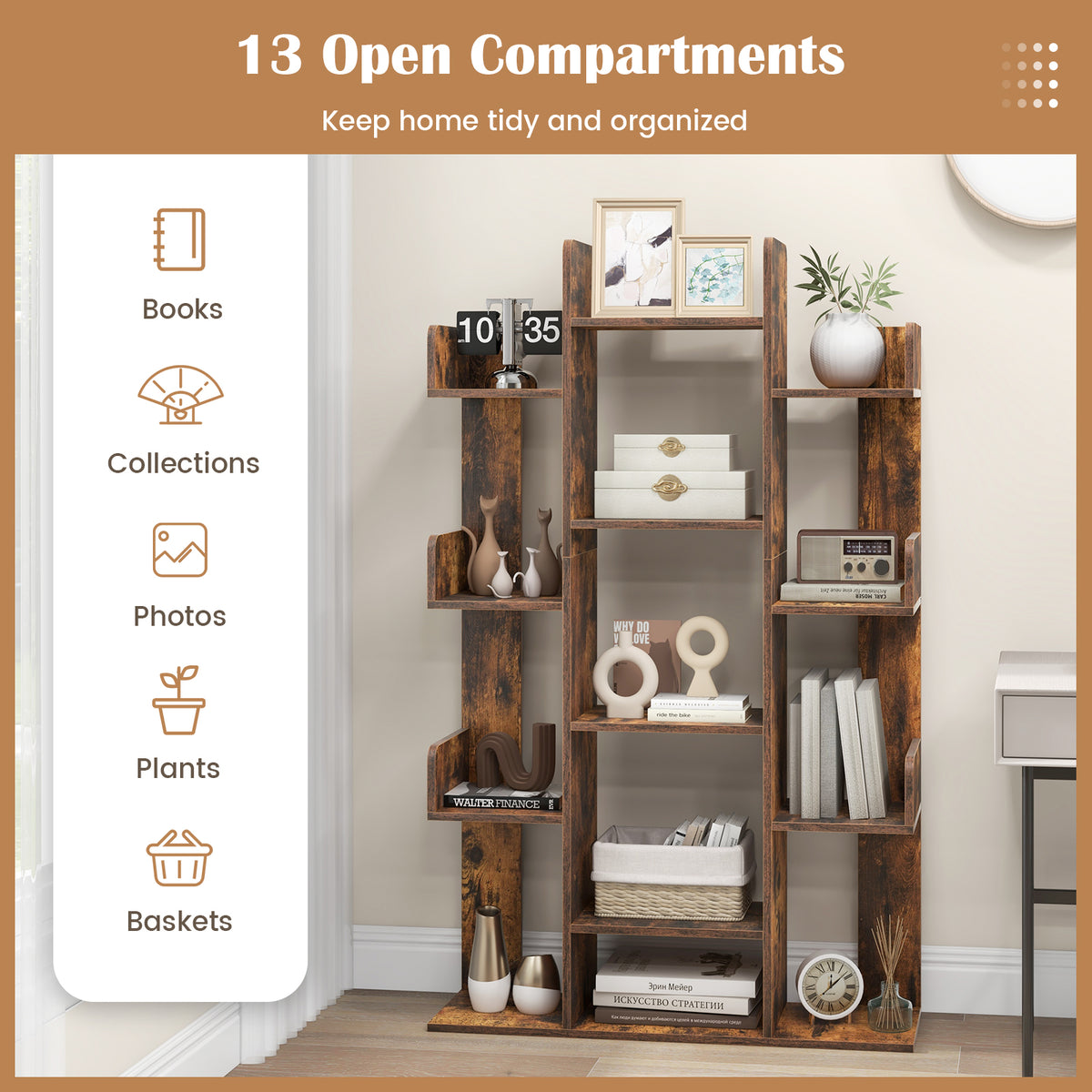 Tree Bookshelf Corner Books Storage Organizer with 13 Open Shelves-Rustic Brown