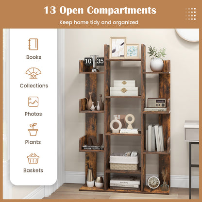 Tree Bookshelf Corner Books Storage Organizer with 13 Open Shelves-Rustic Brown