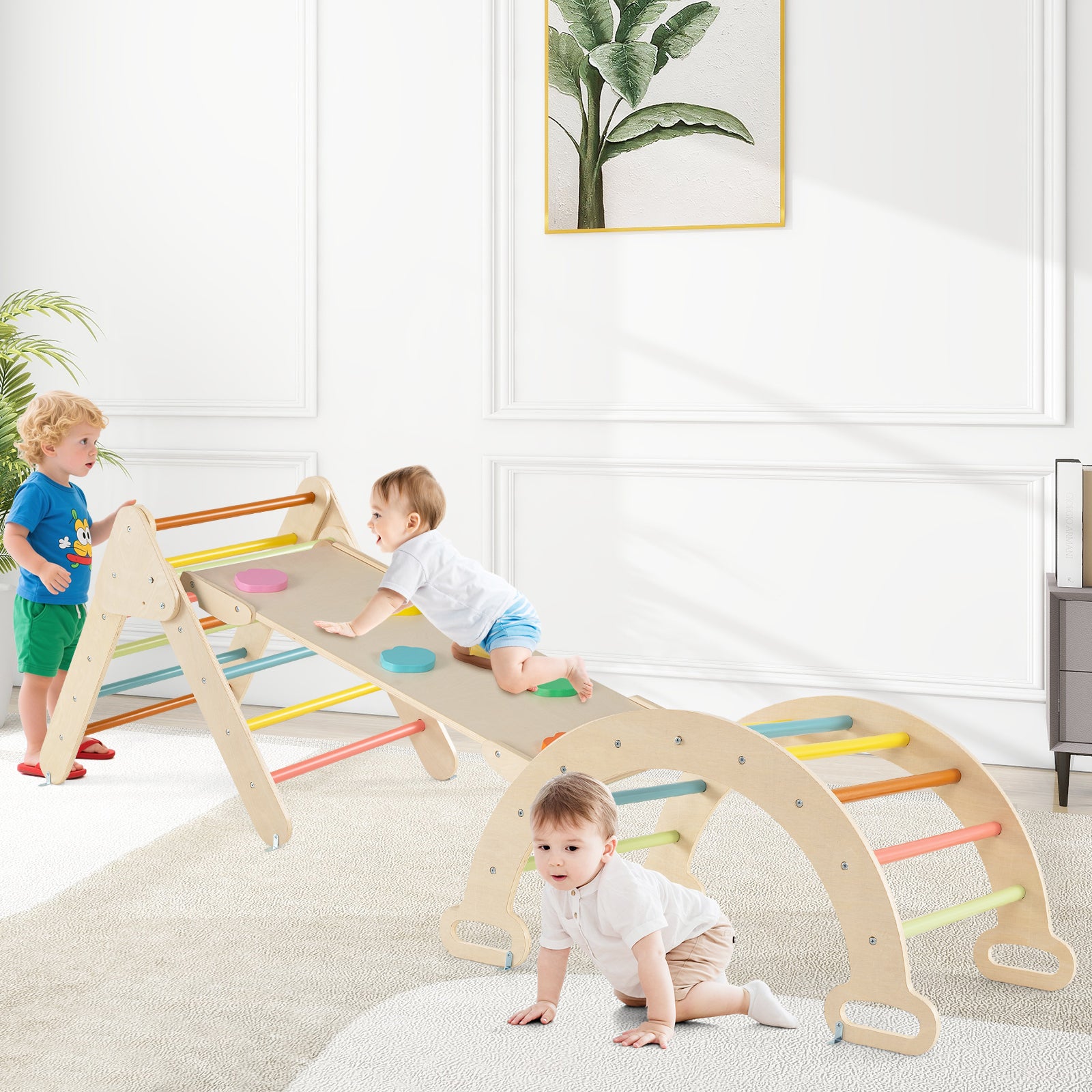 5-in-1 Triangle Climbing Toys with Arch Ramp for 1+ Years Old-Macaron