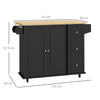 HOMCOM Kitchen Island with Drop Leaf, Rolling Kitchen Storage Trolley on Wheels with 3 Drawers, Black