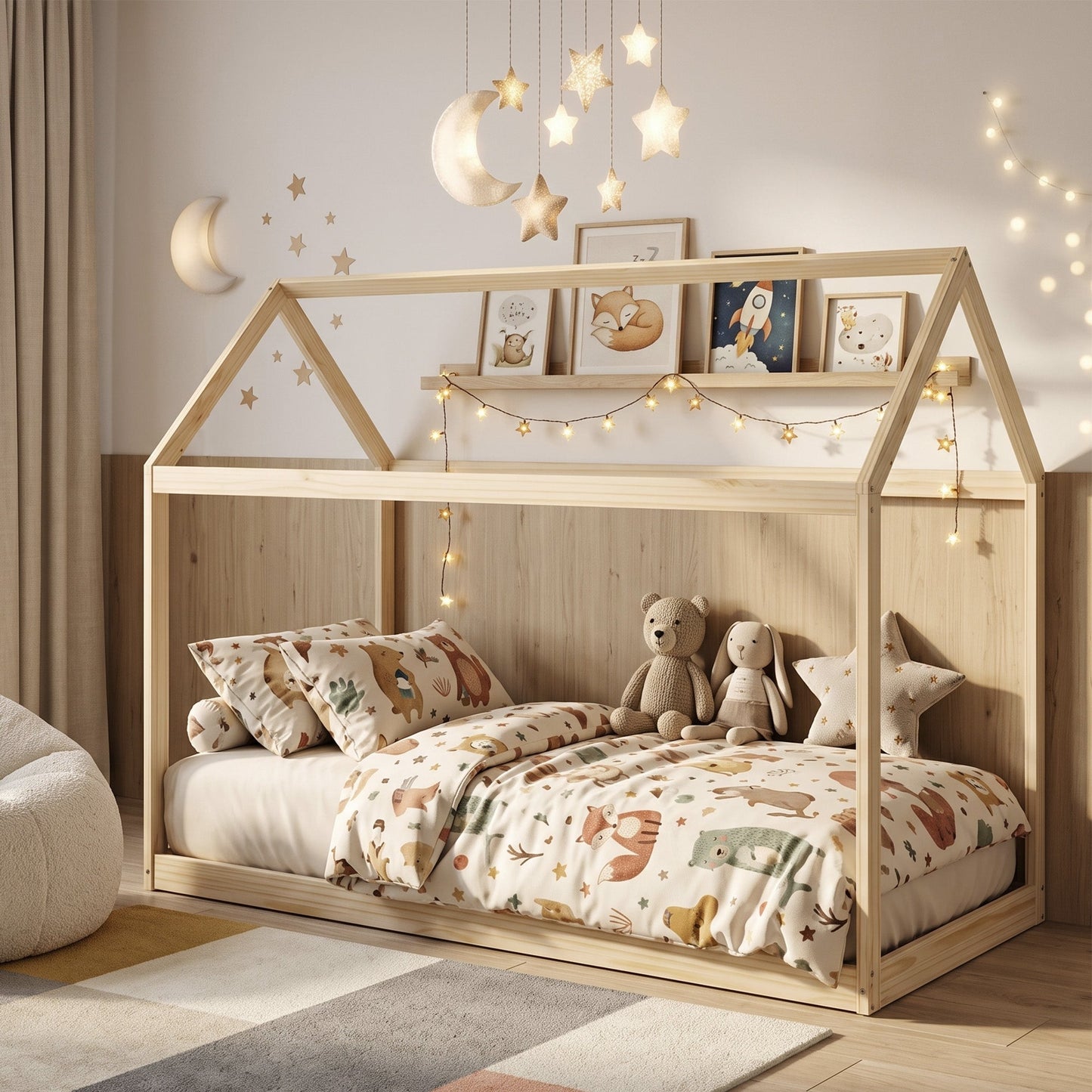 HOMCOM Single Bed Frame, House Scandinavian Wooden Bed Frame for 90W x 190Dcm Mattress, Pine Wood Bed Base, Natural Wood Finish