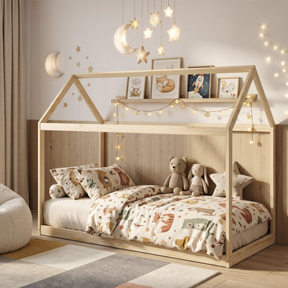 HOMCOM Single Bed Frame, House Scandinavian Wooden Bed Frame for 90W x 190Dcm Mattress, Pine Wood Bed Base, Natural Wood Finish