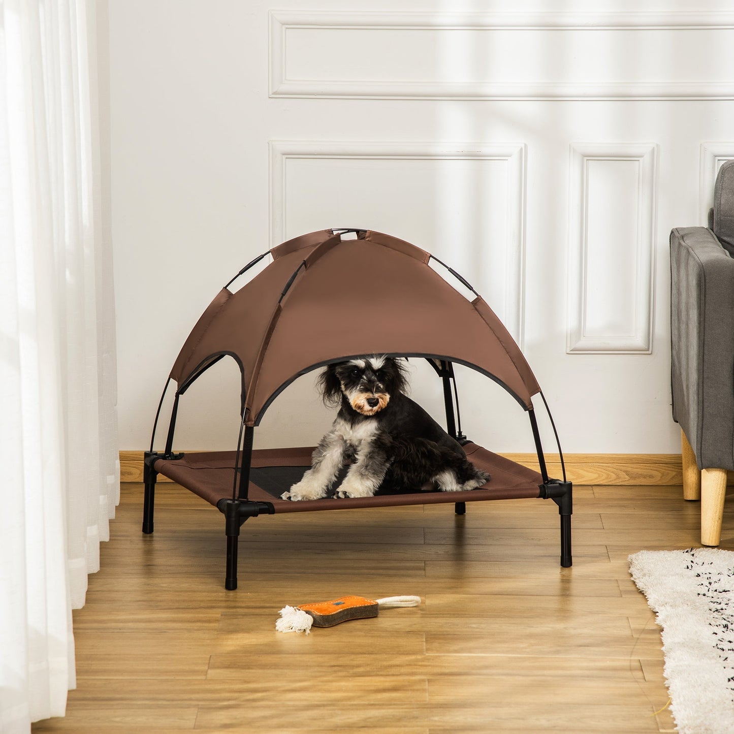 PawHut Raised Dog Bed Waterproof Elevated Pet Cot with Breathable Mesh UV Protection Canopy Brown, for Medium Dogs, 76 x 61 x 73cm