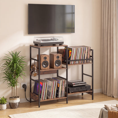 Turntable Stand with Record Rack Hanging Hooks and Compartments for Bedroom-Brown