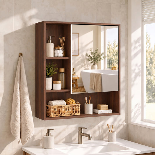 HOMCOM Bathroom Mirror Cabinet in Walnut Brown