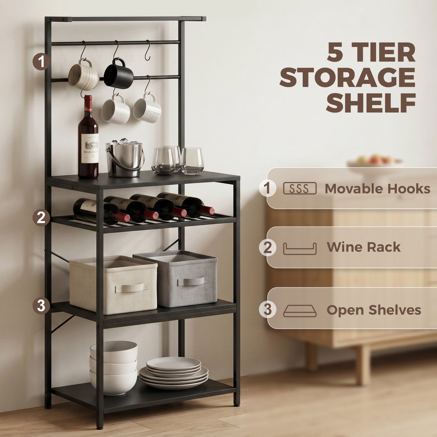 HOMCOM Freestanding Shelving Unit, Industrial Storage Shelf with 6 Hooks and Wine Rack for Living Room, Home Office, Black