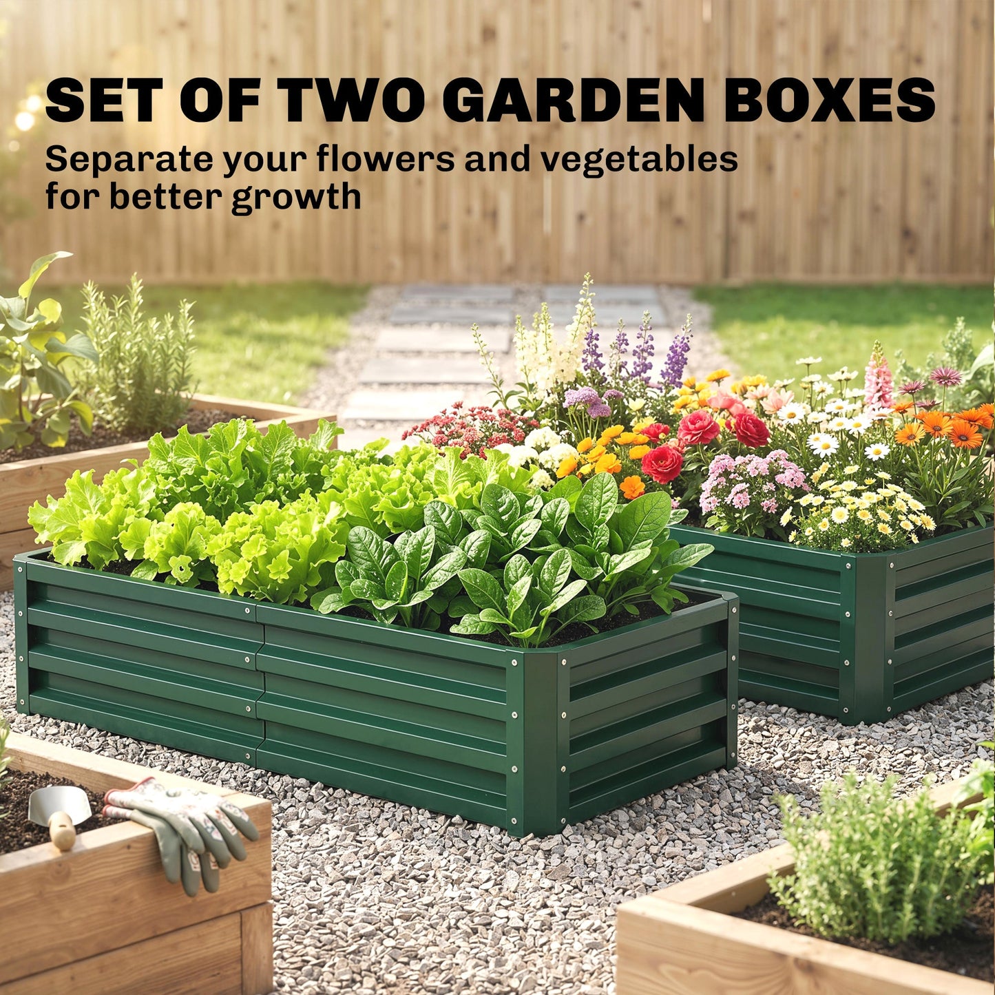 Outsunny Set of 2 Raised Beds for Garden, Galvanised Outdoor Planters for Herbs Vegetables, Use for Patio Balcony, Green