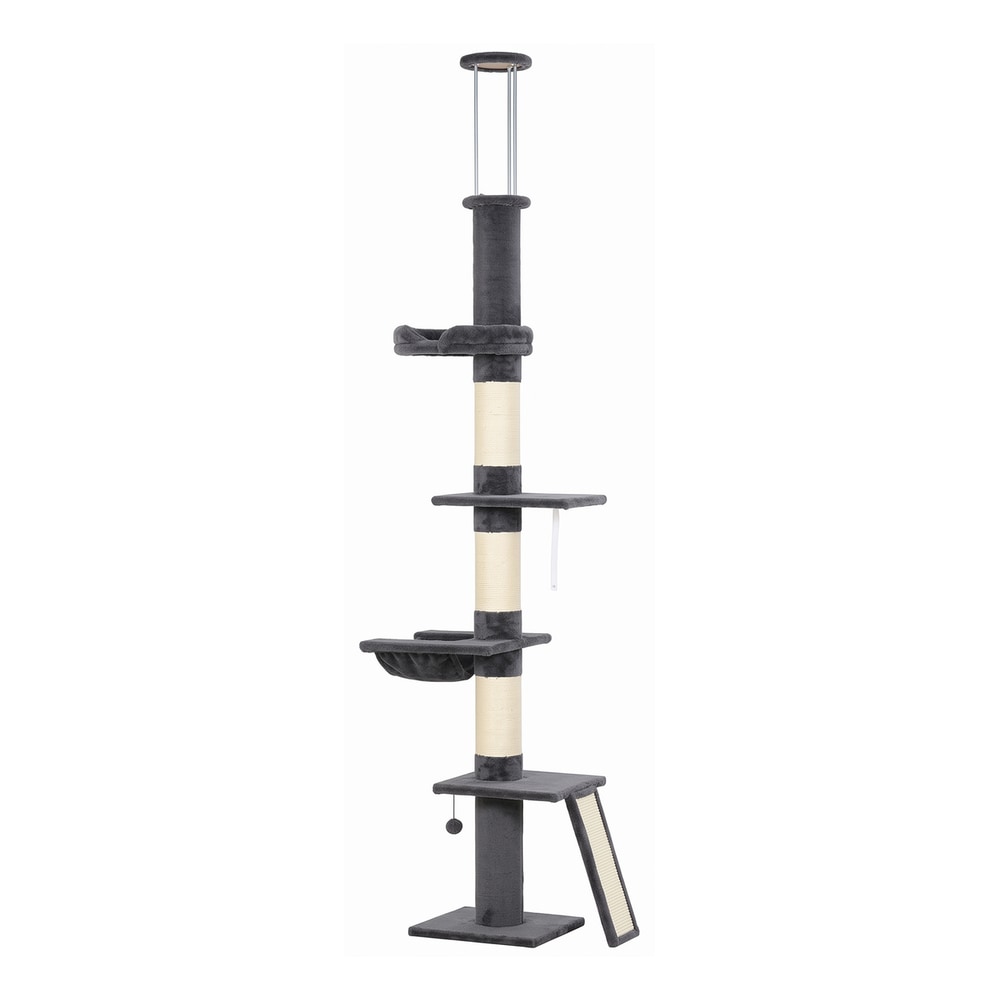 PawHut Floor to Ceiling Cat Tree, 230-260 cm Adjustable 5-Level Cat Tower with 3 Top Tension Rods, Bed, Hammock, Dark Grey