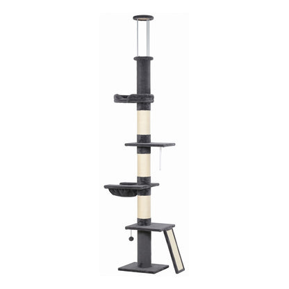 PawHut Floor to Ceiling Cat Tree, 230-260 cm Adjustable 5-Level Cat Tower with 3 Top Tension Rods, Bed, Hammock, Dark Grey