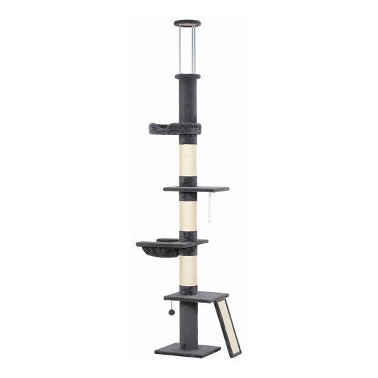 PawHut Floor to Ceiling Cat Tree, 230-260 cm Adjustable 5-Level Cat Tower with 3 Top Tension Rods, Bed, Hammock, Dark Grey