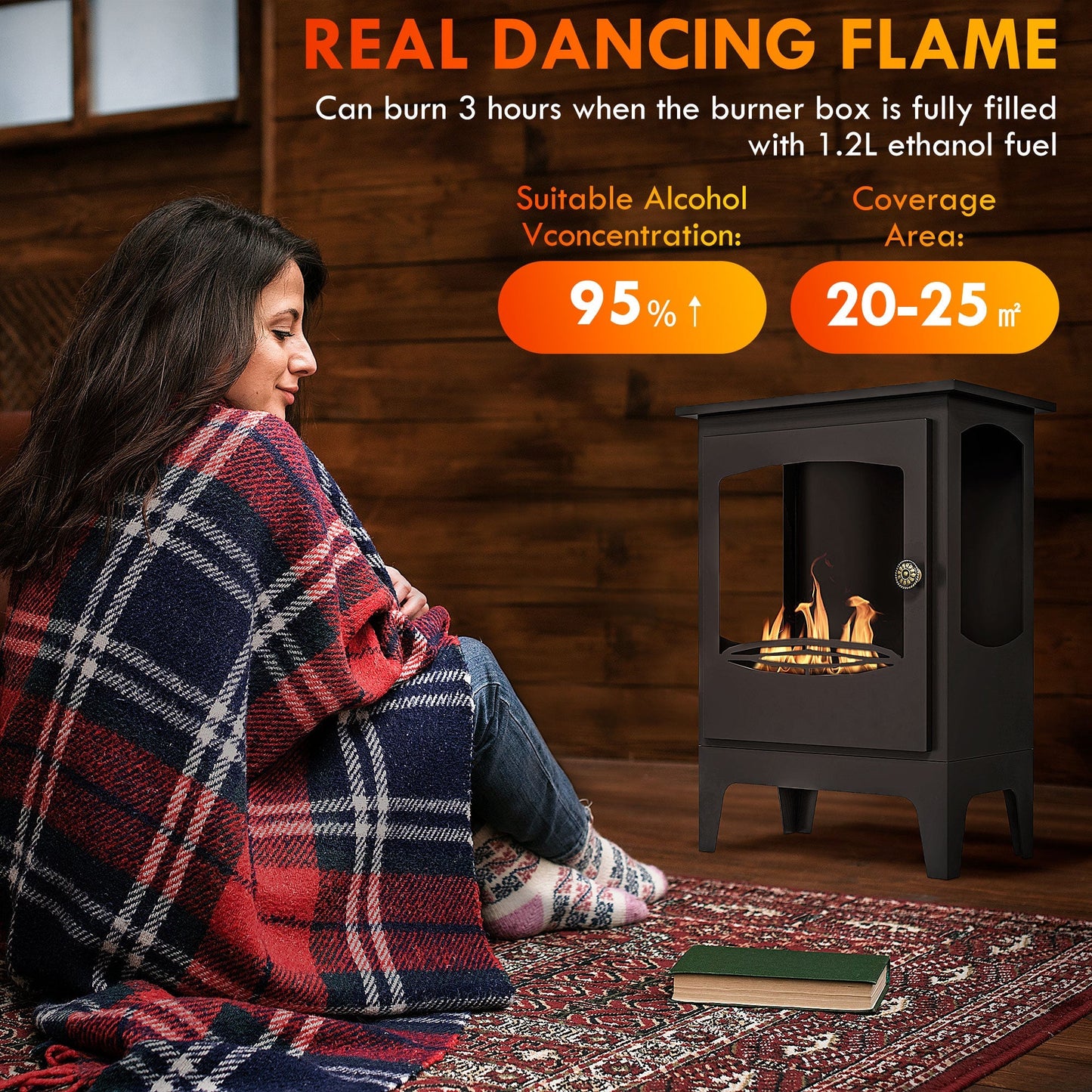 HOMCOM Freestanding Ethanol Fireplace, Steel Bioethanol Fireplace with Stainless Steel Flame Snuffer, 0.9L Tank, 3 Hours Burning Time for Indoor, Black