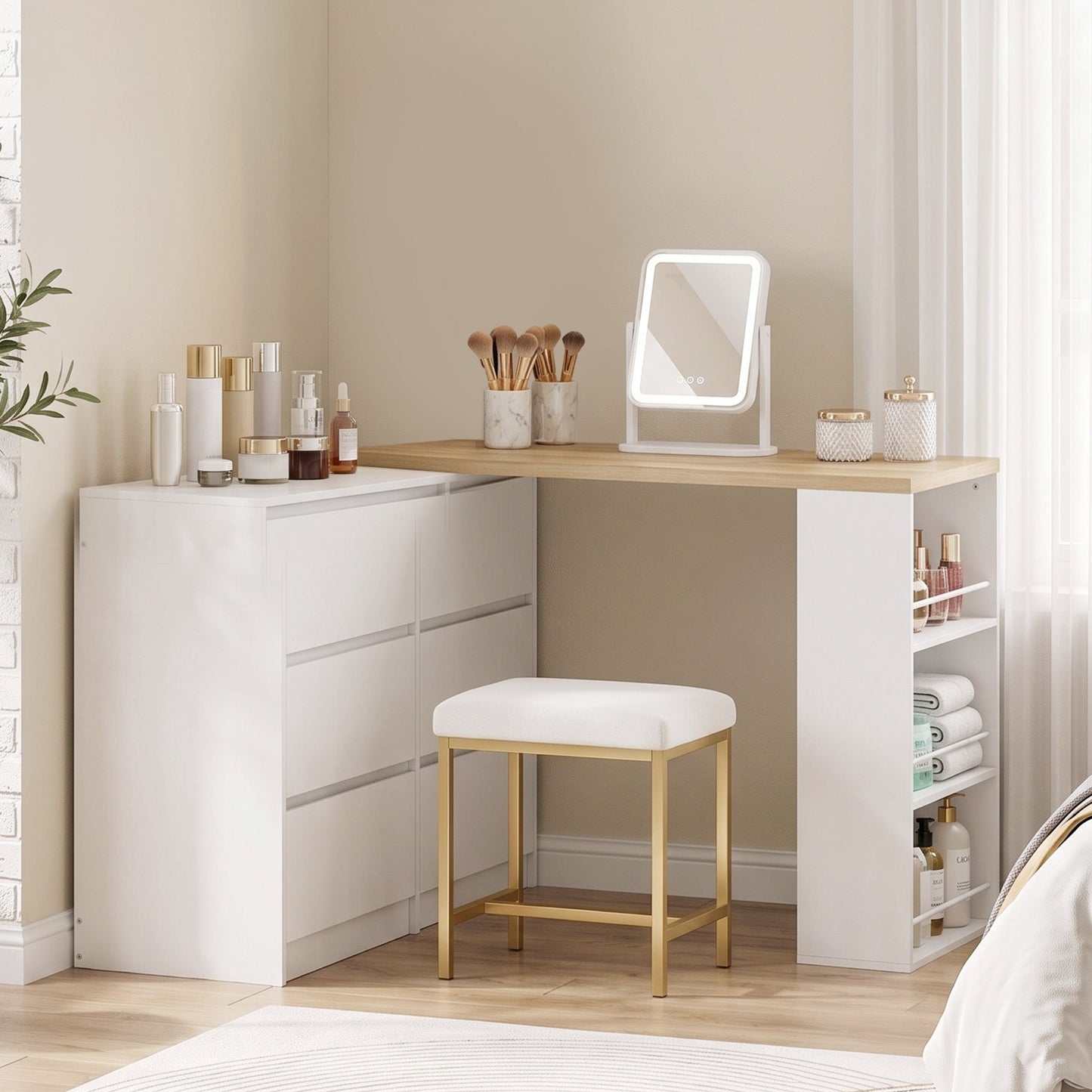 HOMCOM Vanity Table, Dressing Table with 6 Drawers and 3-Tier Shelf for Women and Girls, White