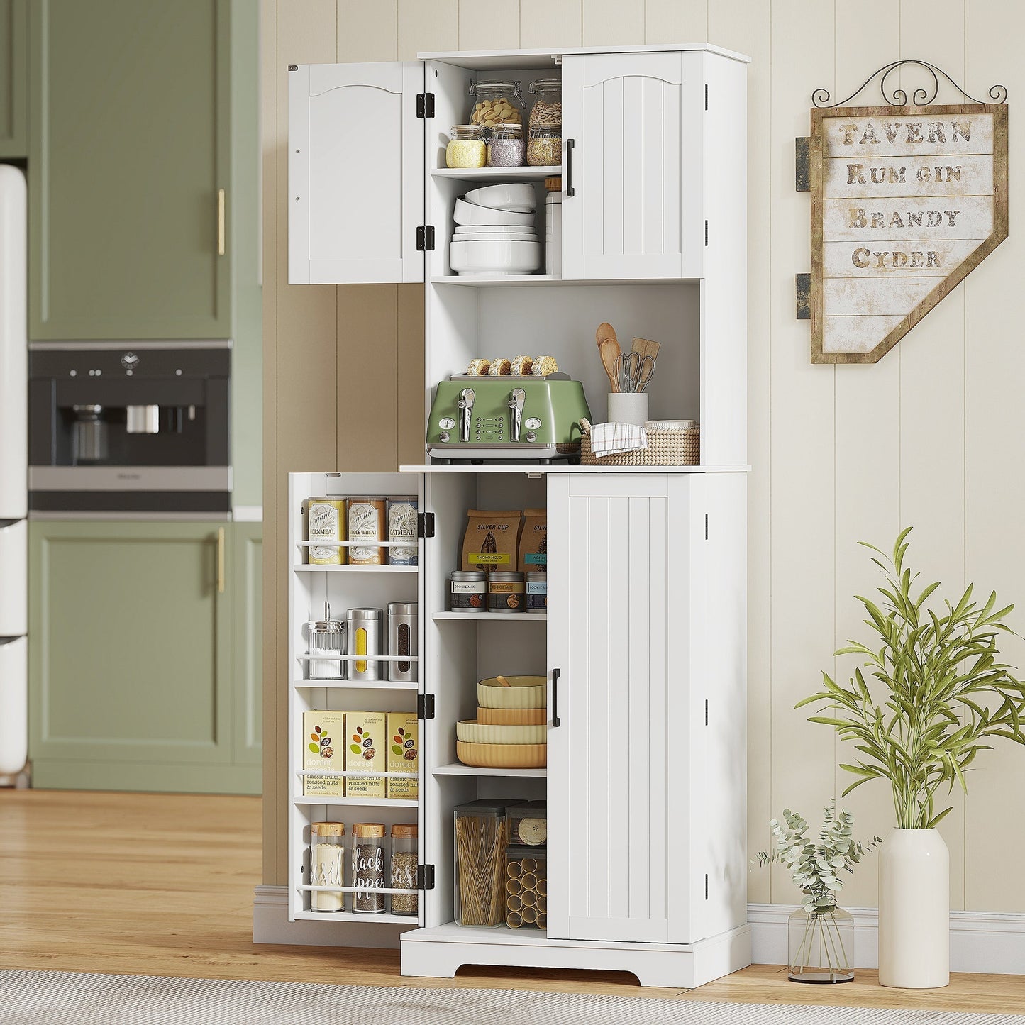 HOMCOM 181.5 cm Freestanding Storage Cabinet, Tall Kitchen Cupboard with Adjustable Shelves, 8 Door Spice Racks, White