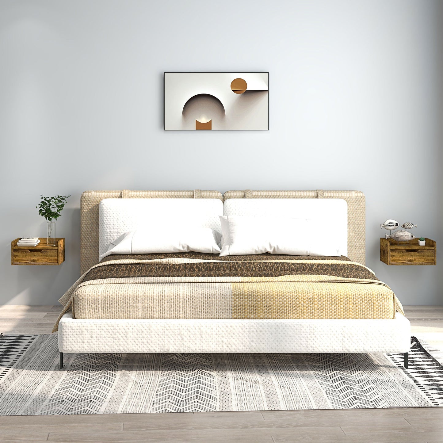 طاولة سرير عائمة من هومكوم، مجموعة من 2، طاولة سرير مثبتة على الحائط مع درج تخزين لغرفة النوم، بني ريفي