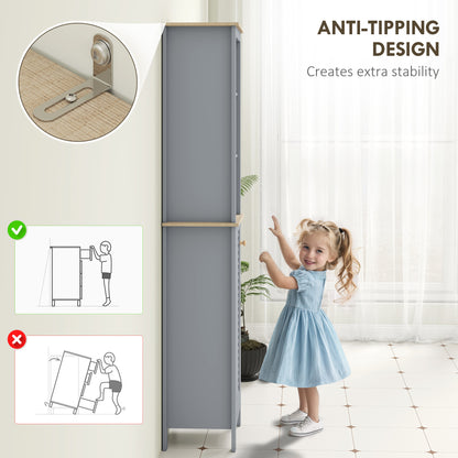 kleankin Bathroom Floor Storage Cabinet with 3 Tier Shelf and Cupboard with Door, Free Standing Linen Tower, Tall Slim Side Organizer Shelves, Grey