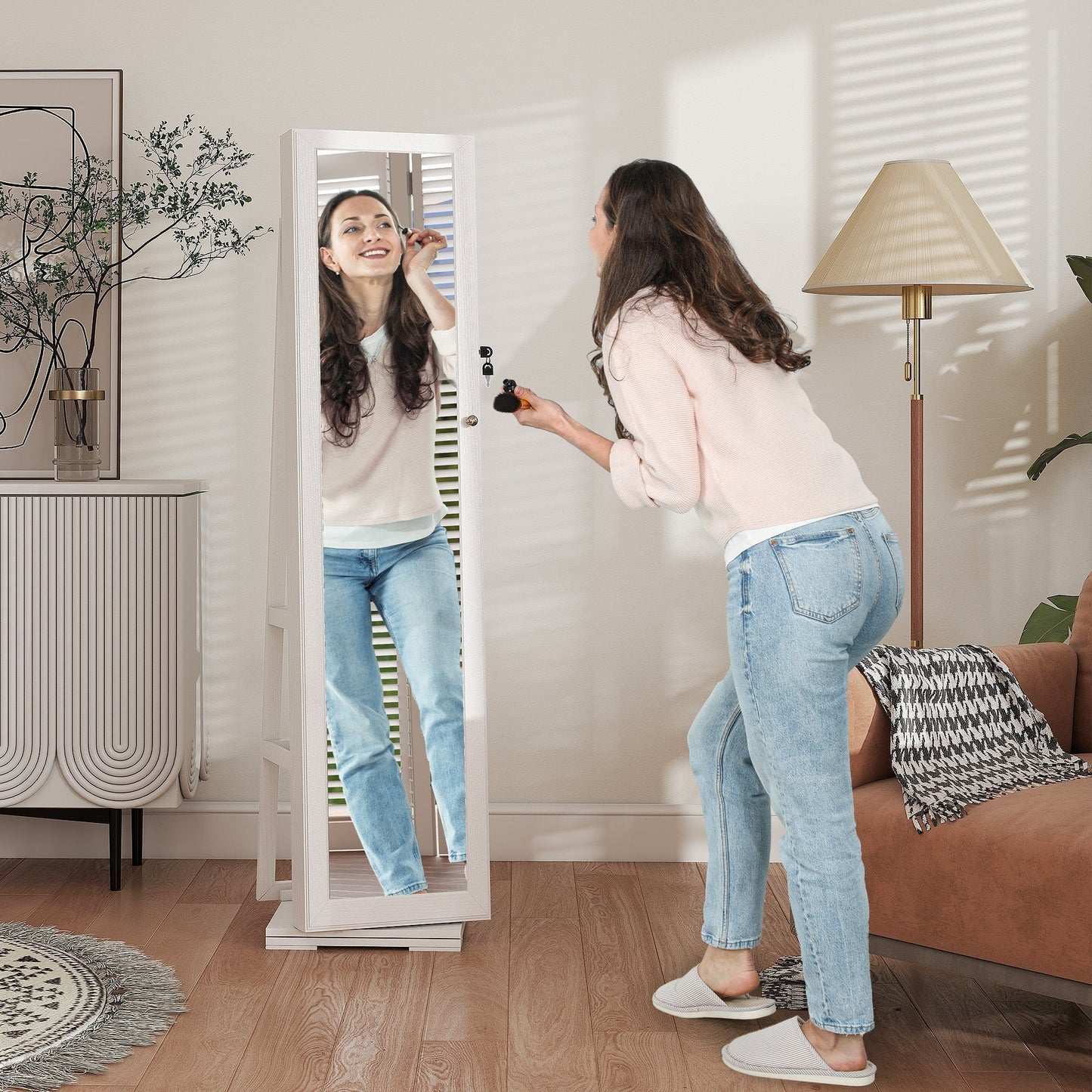 HOMCOM 360 degrees Swivel Jewellery Cabinet, Free Standing Full Length Mirror with Storage, Lockable Jewellery Organiser with Built-in Makeup Mirror and Storage Shelves for Bedroom, White