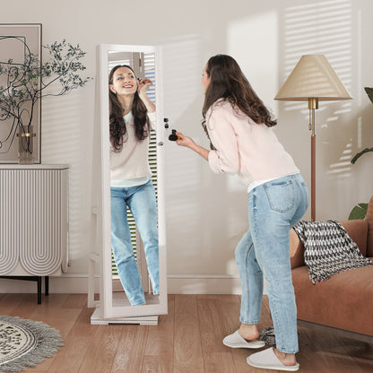 HOMCOM 360 degrees Swivel Jewellery Cabinet, Free Standing Full Length Mirror with Storage, Lockable Jewellery Organiser with Built-in Makeup Mirror and Storage Shelves for Bedroom, White