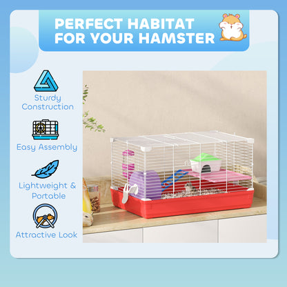 PawHut Hamster Cage, Small Gerbil Cage 2 Tiers Portable w/ Handle, Exercise Wheel, Water Bottle, Dishes