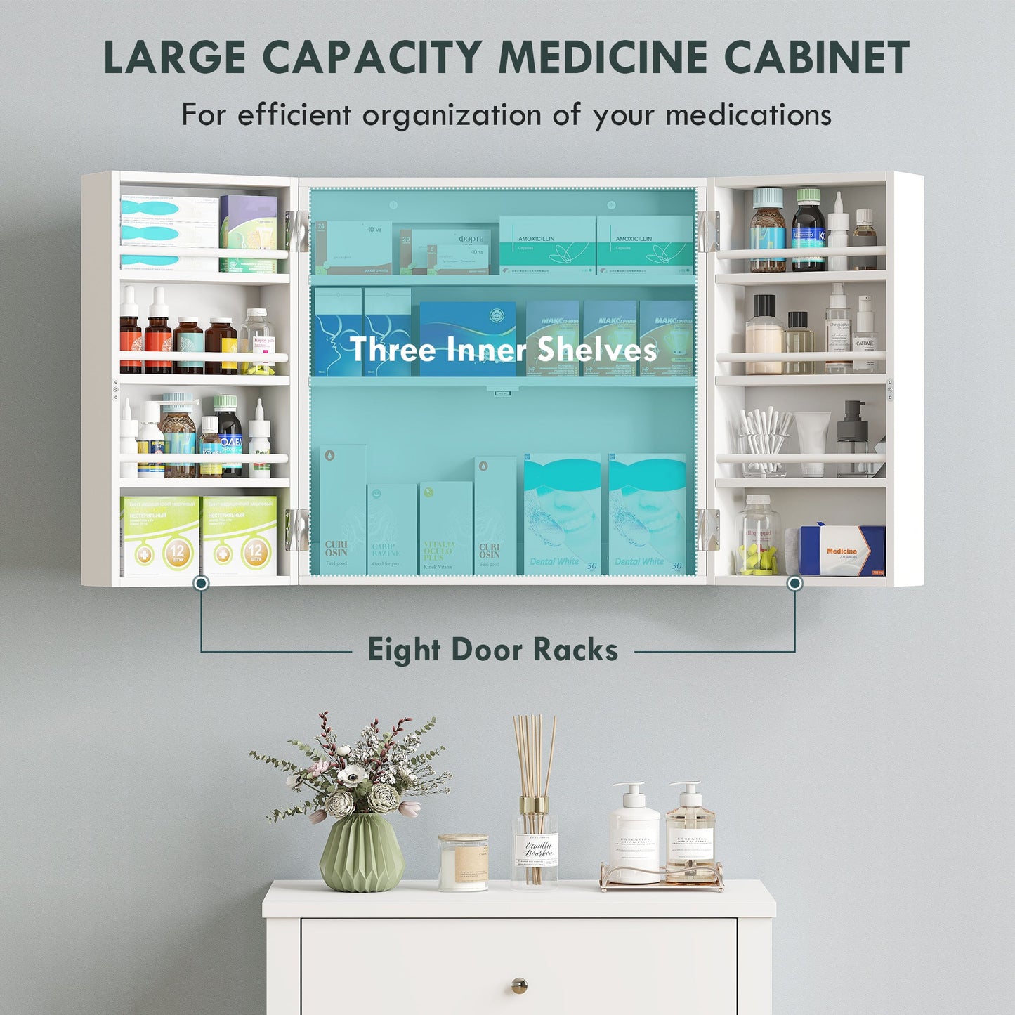 HOMCOM Wall Mount Medicine Cabinet with Key Lock, 3 Tier First Aid Cabinet with 2 Doors and 11 Storage Compartments, White