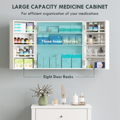 HOMCOM Wall Mount Medicine Cabinet with Key Lock, 3 Tier First Aid Cabinet with 2 Doors and 11 Storage Compartments, White