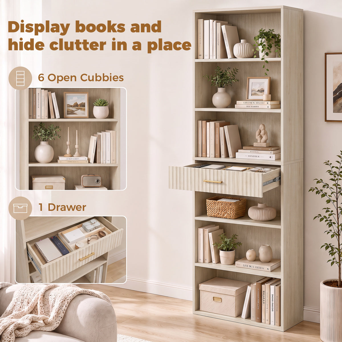 HOMCOM Bookcase Narrow Tall Space-Saving Bookshelf Drawer Open Shelves in Oak Wood Effect