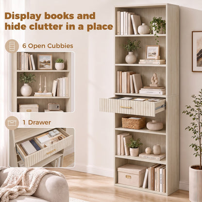 HOMCOM Bookcase Narrow Tall Space-Saving Bookshelf Drawer Open Shelves in Oak Wood Effect
