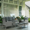 Outsunny 7 Seater Rattan Garden Furniture Set, 6 Piece Patio Dining Set, Armchairs, 3-Seater Sofa, Footstools, Glass Dining Table, Cushions, Wicker Outdoor Furniture for Conservatory Patio, Grey