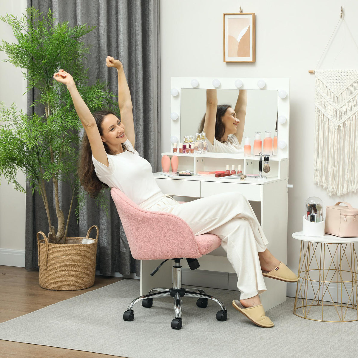 HOMCOM 46-56 cm Teddy Fleece Office Chair - Pink
