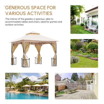 Outsunny 3 x 3(m) Garden Gazebo Patio Party Tent Shelter Outdoor Canopy Double Tier Sun Shade Metal Frame Netting, Beige