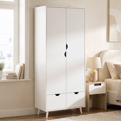 HOMCOM Elegant Home Storage Organisation Furniture, 2-Door Clothes Wardrobe with 2 Drawers, Wood Feet, White