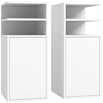 HOMCOM Slim Bedside Table Set of 2, Narrow Bedside Cabinet with Open Cubbies and Cupboard for Bedroom Living Room, White