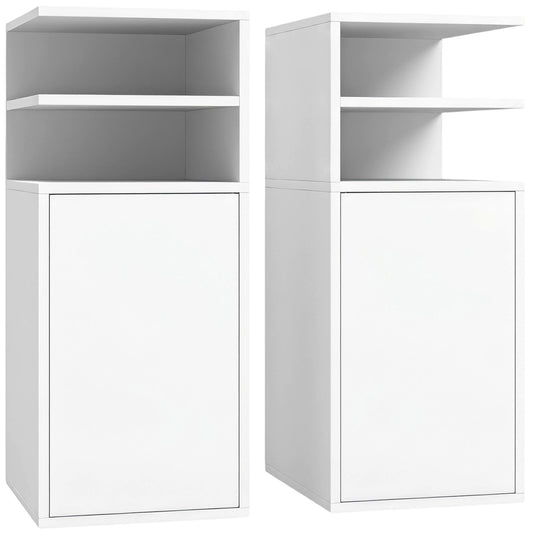 HOMCOM Slim Bedside Table Set of 2, Narrow Bedside Cabinet with Open Cubbies and Cupboard for Bedroom Living Room, White