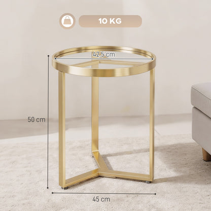 HOMCOM Round Side Table with Tempered Glass Top and Geometric Metal Frame for Small Space, Gold Tone