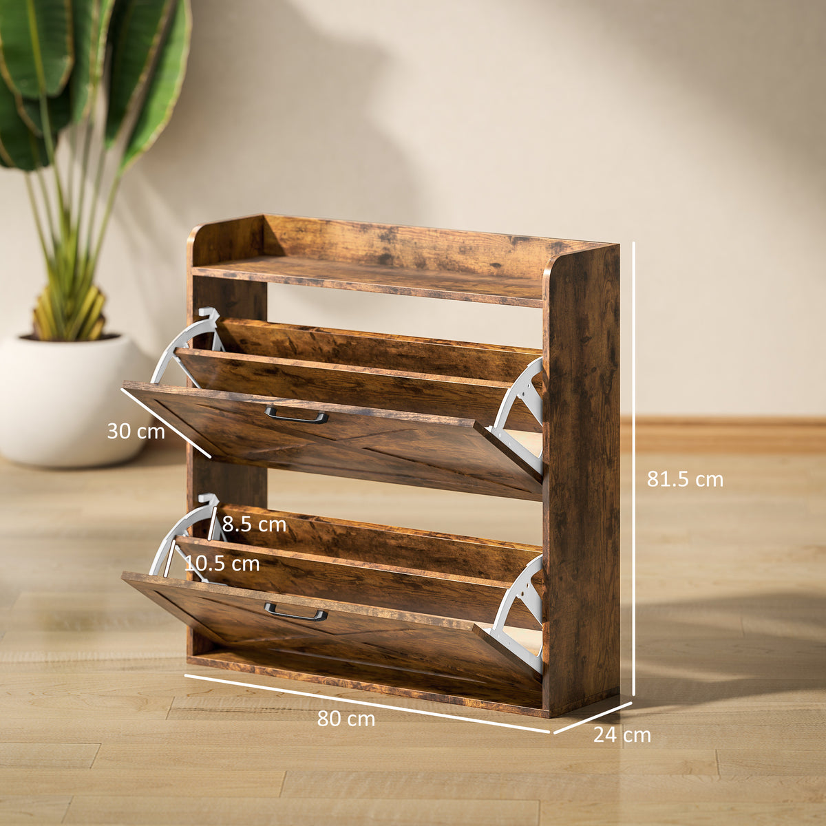 HOMCOM Two Flip Drawer Narrow Shoe Cabinet in Rustic Brown