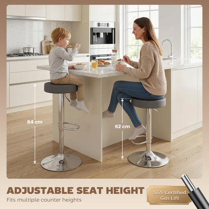 HOMCOM Bar Stools Set of 2, Modern PU Leather Swivel Barstools, Height Adjustable Breakfast Bar Chairs with Footrest, Grey